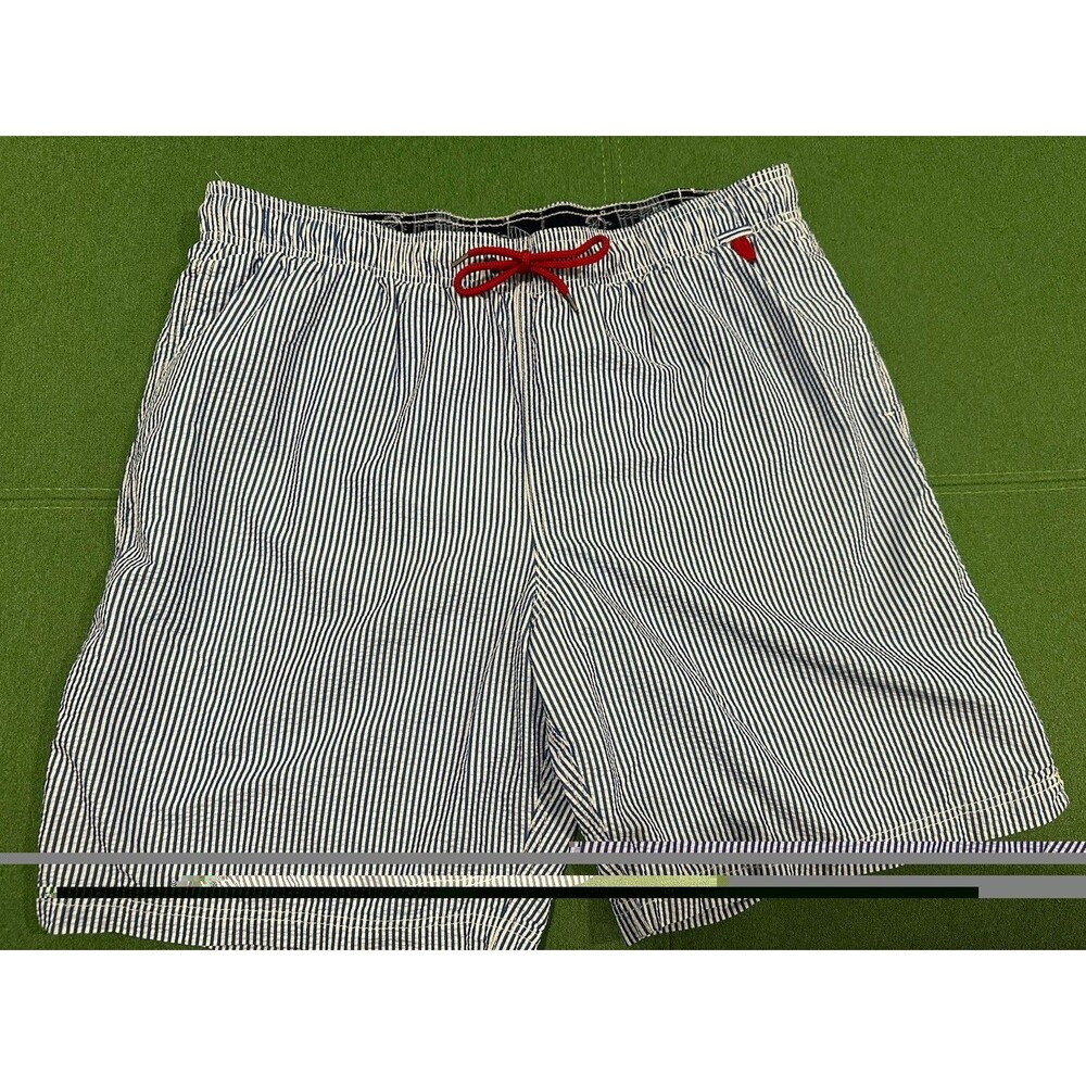 Lands End Mens Sport Swimtrunks Size L 36-38 Blue Striped Seersucker, Preppy